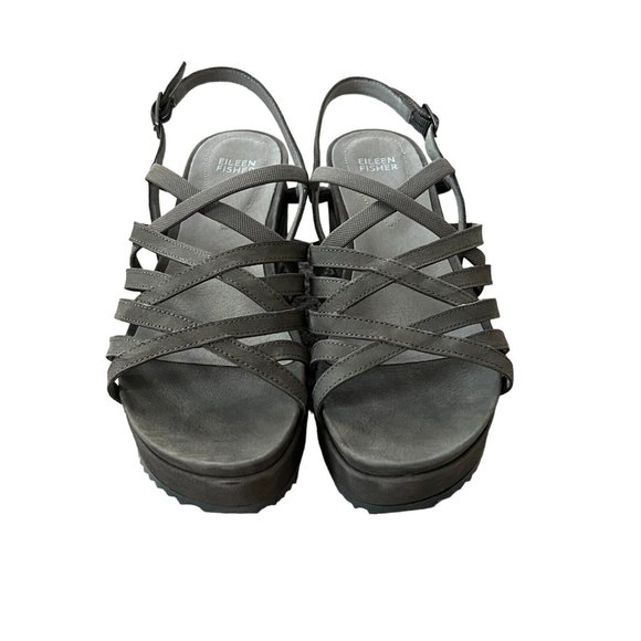 Eileen Fisher Womens Gray Leather Platform Wedge‎ Strappy Sandals Size 10 - Picture 2 of 10